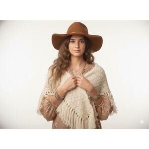 Vintage Crochet Lace Shawl Triangular Wrap Fringe Cream Boho Handmade Festival